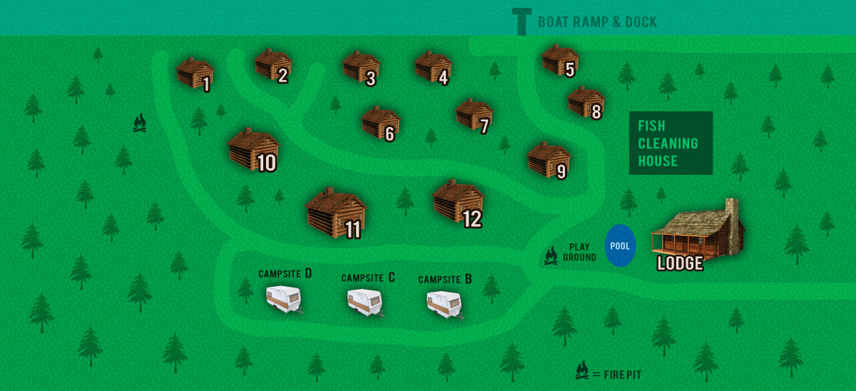 map of the cabins and campsites at Northland Lodge